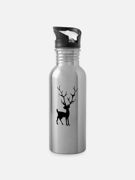 Hirsch Wald Geweih - Trinkflasche mit integriertem Trinkhalm - Lightsilver