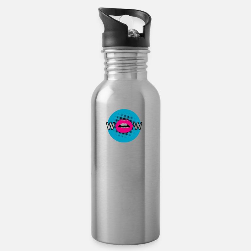Pop Art / Comic: WOW - Mund, Lippen, Kussmund - Trinkflasche mit integriertem Trinkhalm - Lightsilver