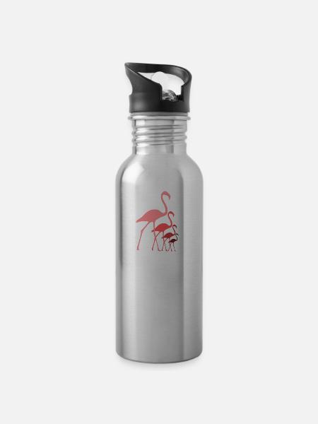Flamingos - Trinkflasche mit integriertem Trinkhalm - Lightsilver