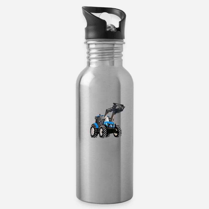 Blauer Traktor mit Frontlader - Trinkflasche mit integriertem Trinkhalm - Lightsilver