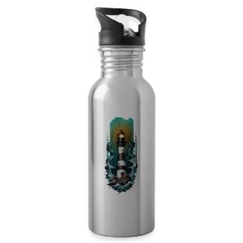 Guiding Light: Lighthouse Amidst the Sea Waves - Water bottle with straw - silver - Right