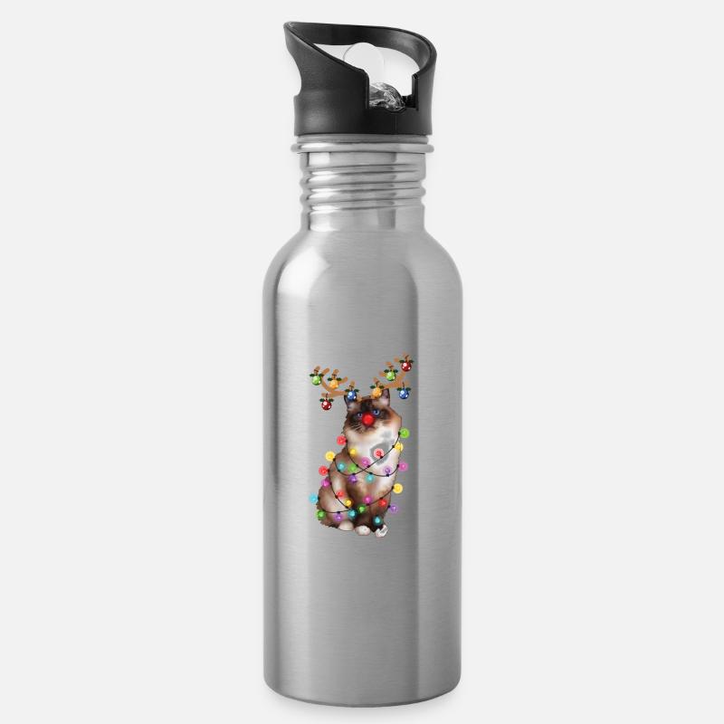 Chat Birman de Noël - Drôle de renne Noël Kitty - Gourde avec paille intégrée - argent clair
