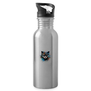 Katze Kopf Porträt Bunt - Trinkflasche mit integriertem Trinkhalm - Lightsilver - Rechts