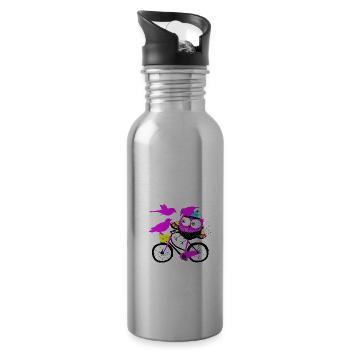 Eule auf Rad und Vögel - Trinkflasche mit integriertem Trinkhalm - Lightsilver - Rechts