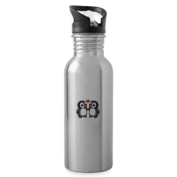 Penguin Couple Valentine's Day - Water bottle with straw - silver - Right