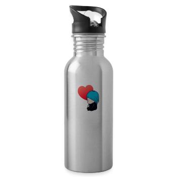 Femme au cheveux bleux et coeur façon chibi manga - Gourde avec paille intégrée - argent clair - Droite