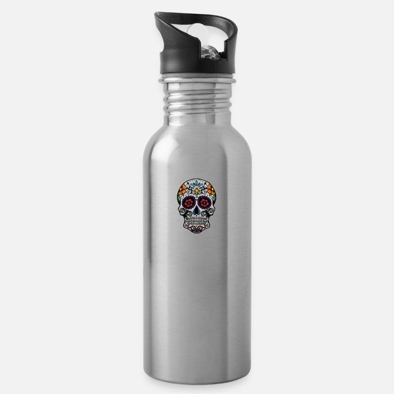 Sugar Skull - Trinkflasche mit integriertem Trinkhalm - Lightsilver