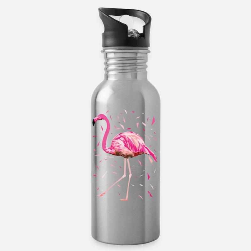 Oiseau de poly plumes Flamingo été rose rose - Gourde avec paille intégrée - argent clair