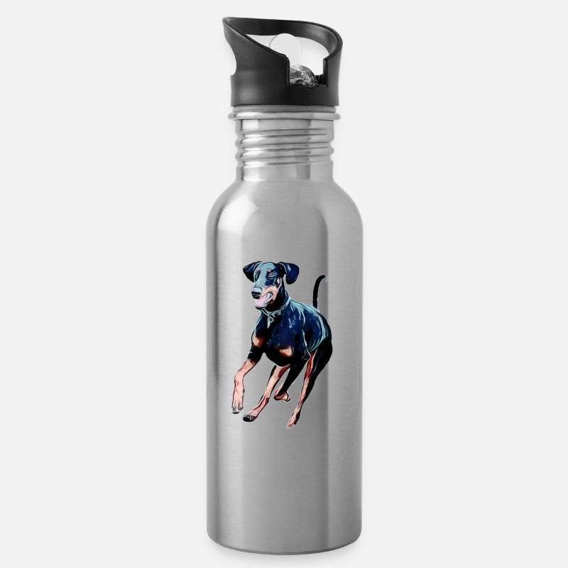Dobermann - Trinkflasche mit integriertem Trinkhalm - Lightsilver