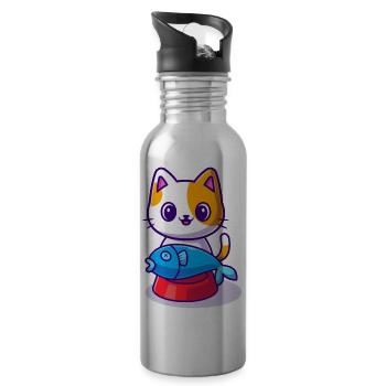 Chat Mignon Avec Du Poisson Sur Le Bol Alimentaire - Gourde avec paille intégrée - argent clair - Droite