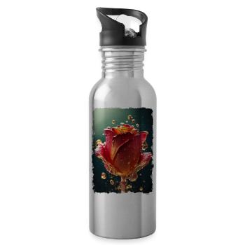 Red rose surrounded by drops of water - Water bottle with straw - silver - Right