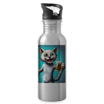 Glückliche Katze mit Bier - Trinkflasche mit integriertem Trinkhalm - Lightsilver - Rechts