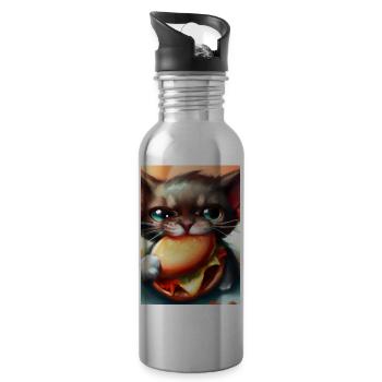 Katze frisst Burger - Trinkflasche mit integriertem Trinkhalm - Lightsilver - Rechts