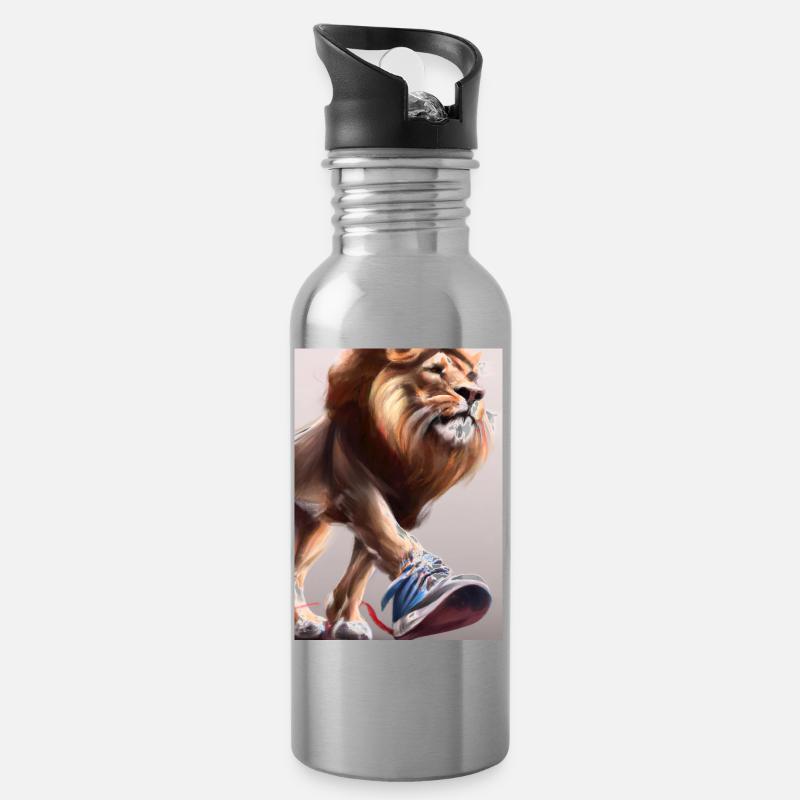 Löwe trägt Turnschuhe - Trinkflasche mit integriertem Trinkhalm - Lightsilver