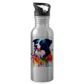 Bunter Border Collie - Trinkflasche mit integriertem Trinkhalm - Lightsilver - Rechts