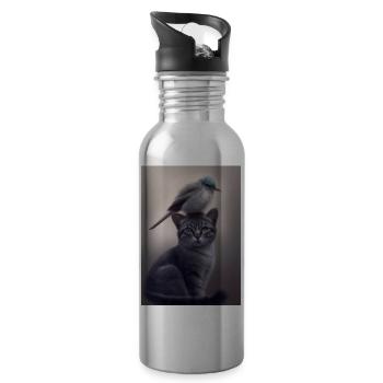 Vogel sitzt auf Katze - Trinkflasche mit integriertem Trinkhalm - Lightsilver - Rechts