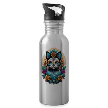 Katze Mexiko - Dia de los Muertos - Trinkflasche mit integriertem Trinkhalm - Lightsilver - Rechts