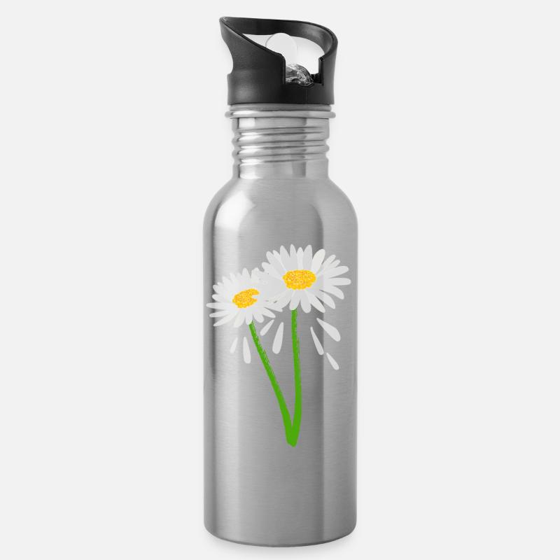 Dekorative Blüte an grünem Stiel - Trinkflasche mit integriertem Trinkhalm - Lightsilver