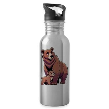 Brown bear mother and child - Water bottle with straw - silver - Right
