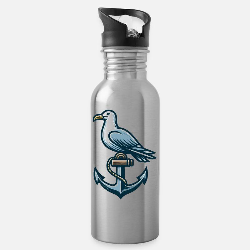 Anker mit Möwe - Trinkflasche mit integriertem Trinkhalm - Lightsilver