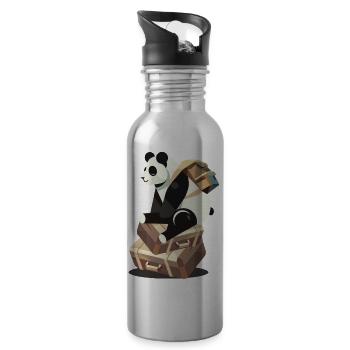 Panda sitzt auf Koffern,bereit für neue Abenteuer - Trinkflasche mit integriertem Trinkhalm - Lightsilver - Rechts