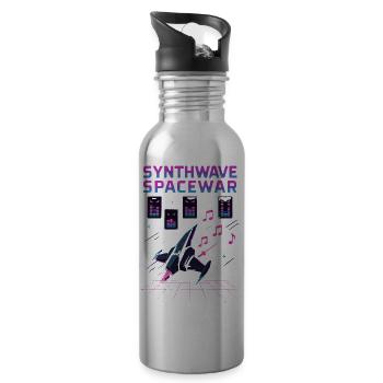 SYNTHWAVE SPACEWAR Retro Neon 80s Spaceship - Water bottle with straw - silver - Right