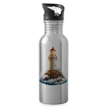Lighthouse on rocks near waves - Water bottle with straw - silver - Right