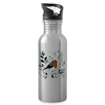Robin with flowers - Water bottle with straw - silver - Right