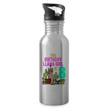 Llama Girl 8th Birthday Party Alpaca - Water bottle with straw - silver - Right