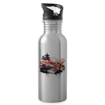 Woodblock Landscape - Water bottle with straw - silver - Right