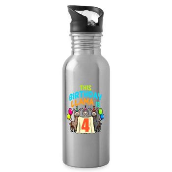 Llama Girl 4th Birthday Party Alpaca - Water bottle with straw - silver - Right