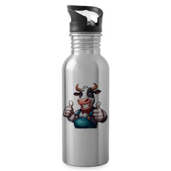 Cheerful farm cow - Water bottle with straw - silver - Right
