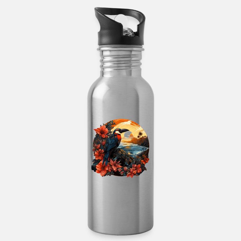 Tropisch - Trinkflasche mit integriertem Trinkhalm - Lightsilver