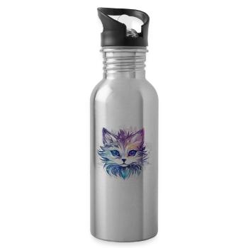 Chat - illustration - Gourde avec paille intégrée - argent clair - Droite