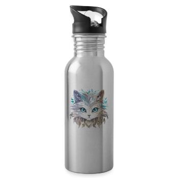 Chat - illustration - Gourde avec paille intégrée - argent clair - Droite