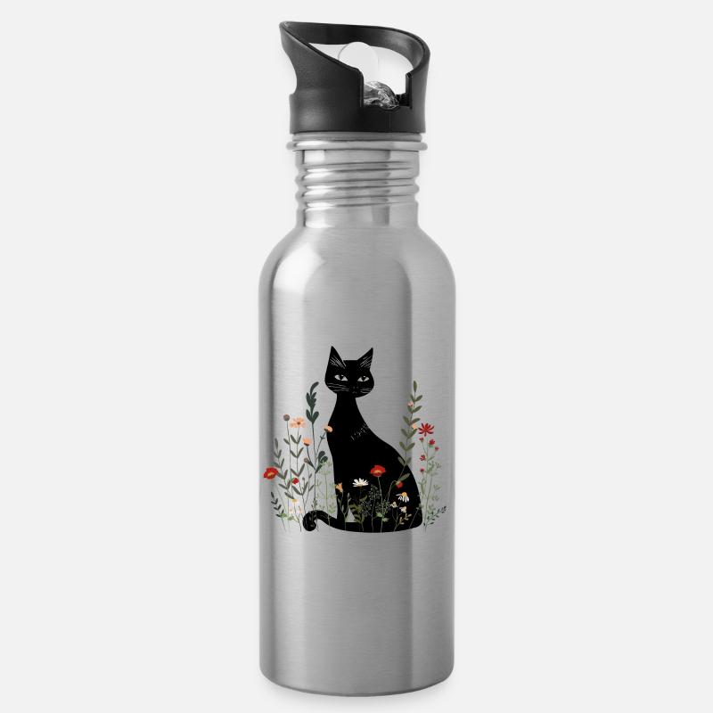 Chat noir élégant | Journée du chat noir - Gourde avec paille intégrée - argent clair