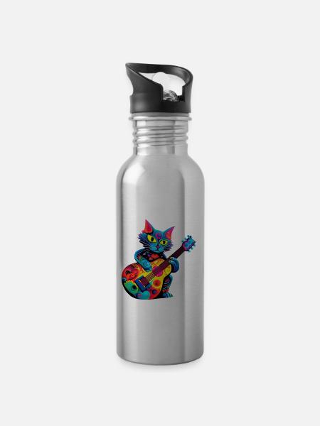Katze spielt Gitarre - Trinkflasche mit integriertem Trinkhalm - Lightsilver