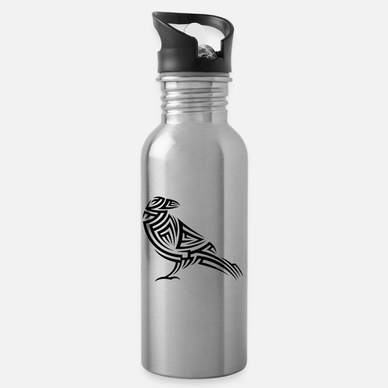 Crow Tribal Tattoo - Water bottle with straw - silver