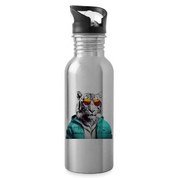 Tiger with Sunglasses Colorful Cool Tiger Forest Animal - Water bottle with straw - silver - Right