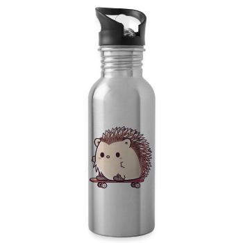 Cute hedgehog skating - Water bottle with straw - silver - Right