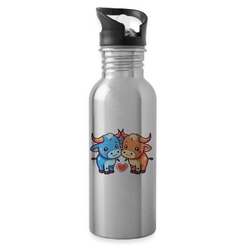 Taureau Couple Amoureux Animal Saint Valentin - Gourde avec paille intégrée - argent clair - Droite