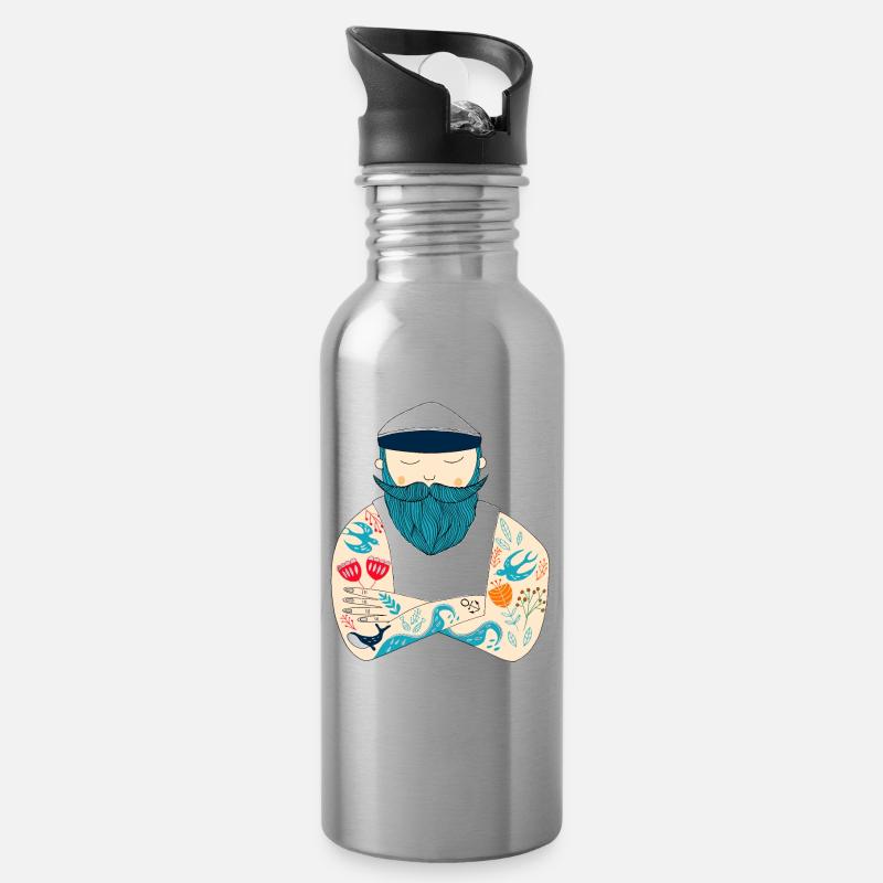 Tätowierter, bärtiger, skandinavischer Seemann - Trinkflasche mit integriertem Trinkhalm - Lightsilver