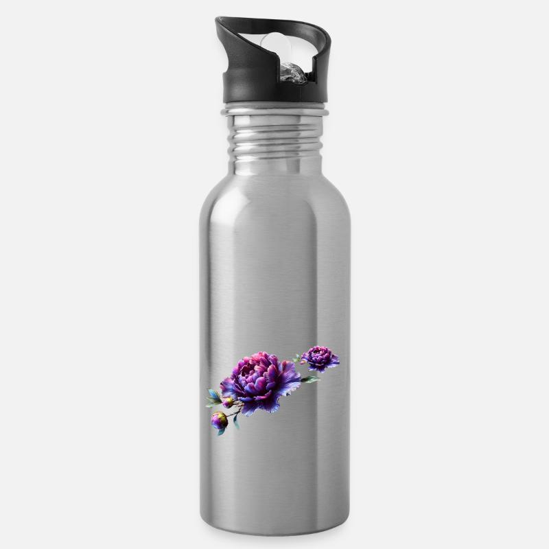 Pivoine violette au design vibrant et élégant - Gourde avec paille intégrée - argent clair