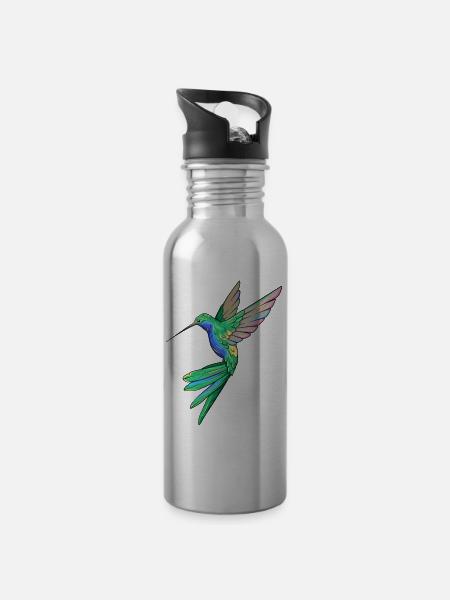 Kolibri Vogel Federn - Trinkflasche mit integriertem Trinkhalm - Lightsilver