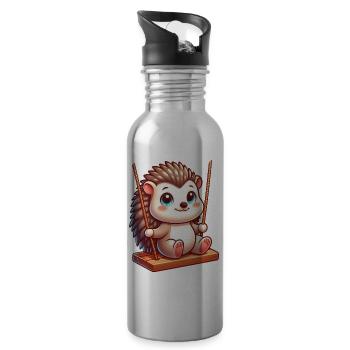 Süßer Igel auf Schaukel Spielplatz Cartoon - Trinkflasche mit integriertem Trinkhalm - Lightsilver - Rechts