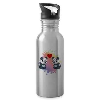 Panda Comic Paar Liebe - Trinkflasche mit integriertem Trinkhalm - Lightsilver - Rechts