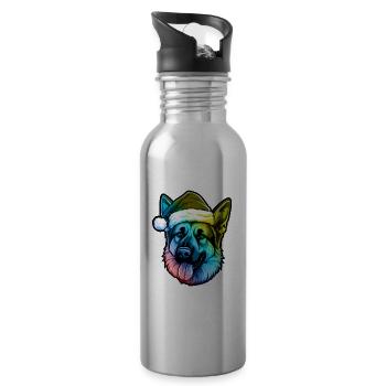 German Shepherd Dog Head Christmas Portrait Colorful - Water bottle with straw - silver - Right
