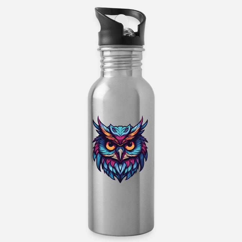 Eule Portrait - Trinkflasche mit integriertem Trinkhalm - Lightsilver