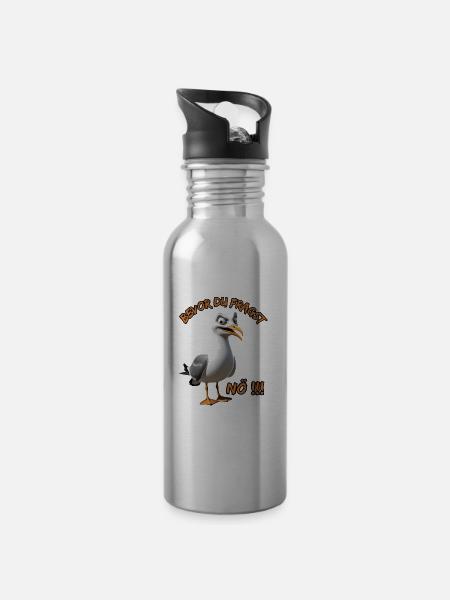 Lustiger Spruch mit Möwe Bevor du fragst Nö !!! - Trinkflasche mit integriertem Trinkhalm - Lightsilver