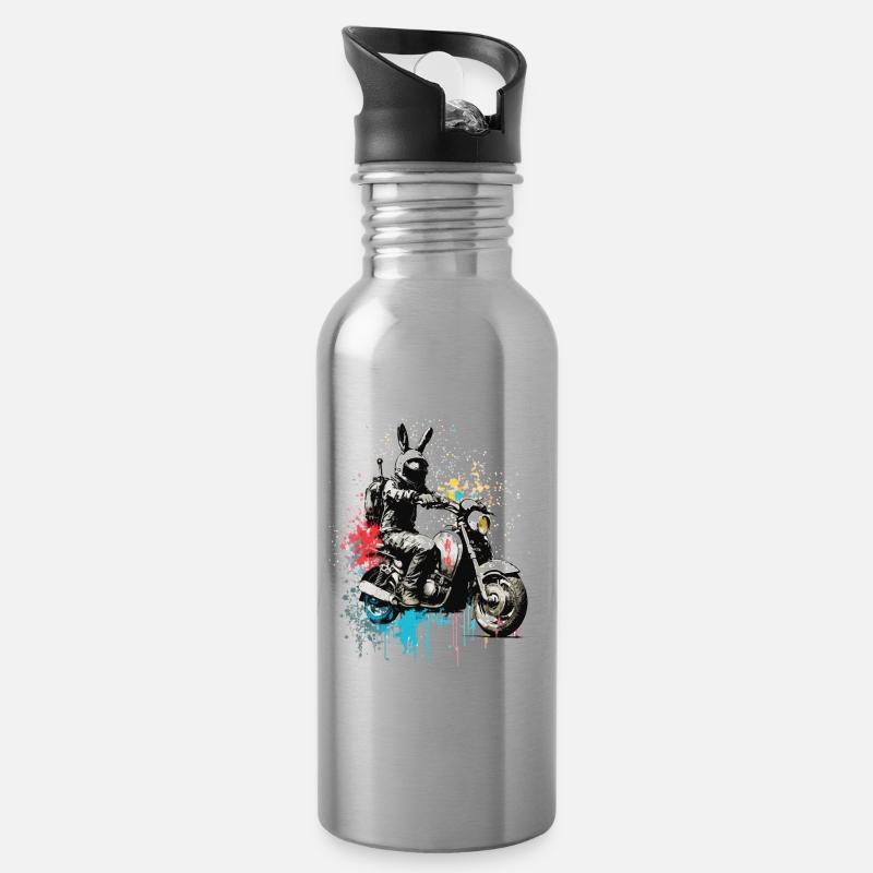 Graffiti rabbit on scooter motorcycle - Water bottle with straw - silver